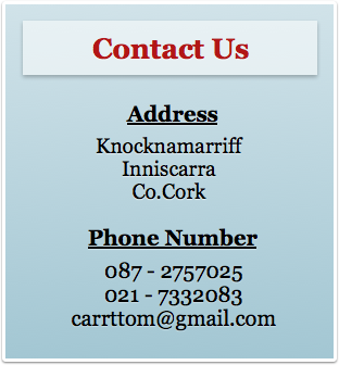 Contact Address - Knocknamarriff, Inniscarra, Co. Cork